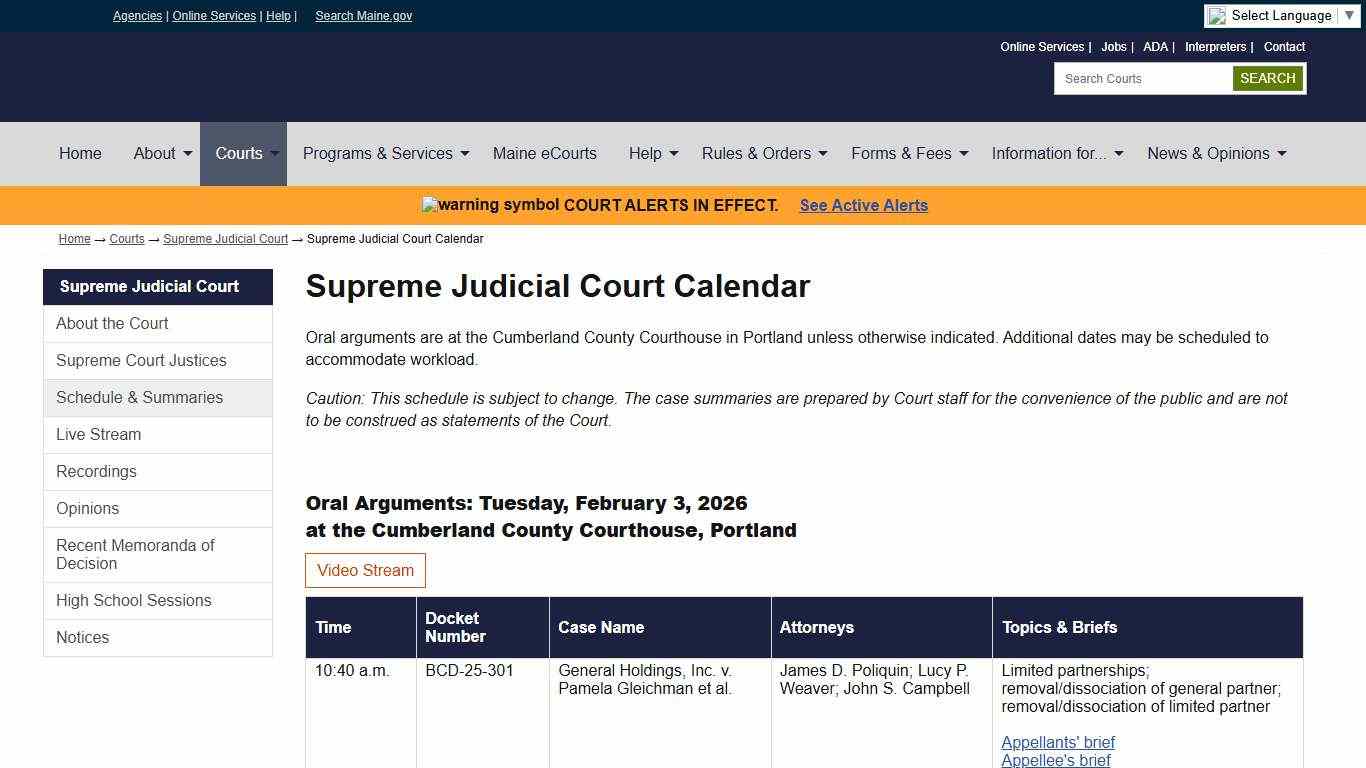Supreme Court Calendar: State of Maine Judicial Branch