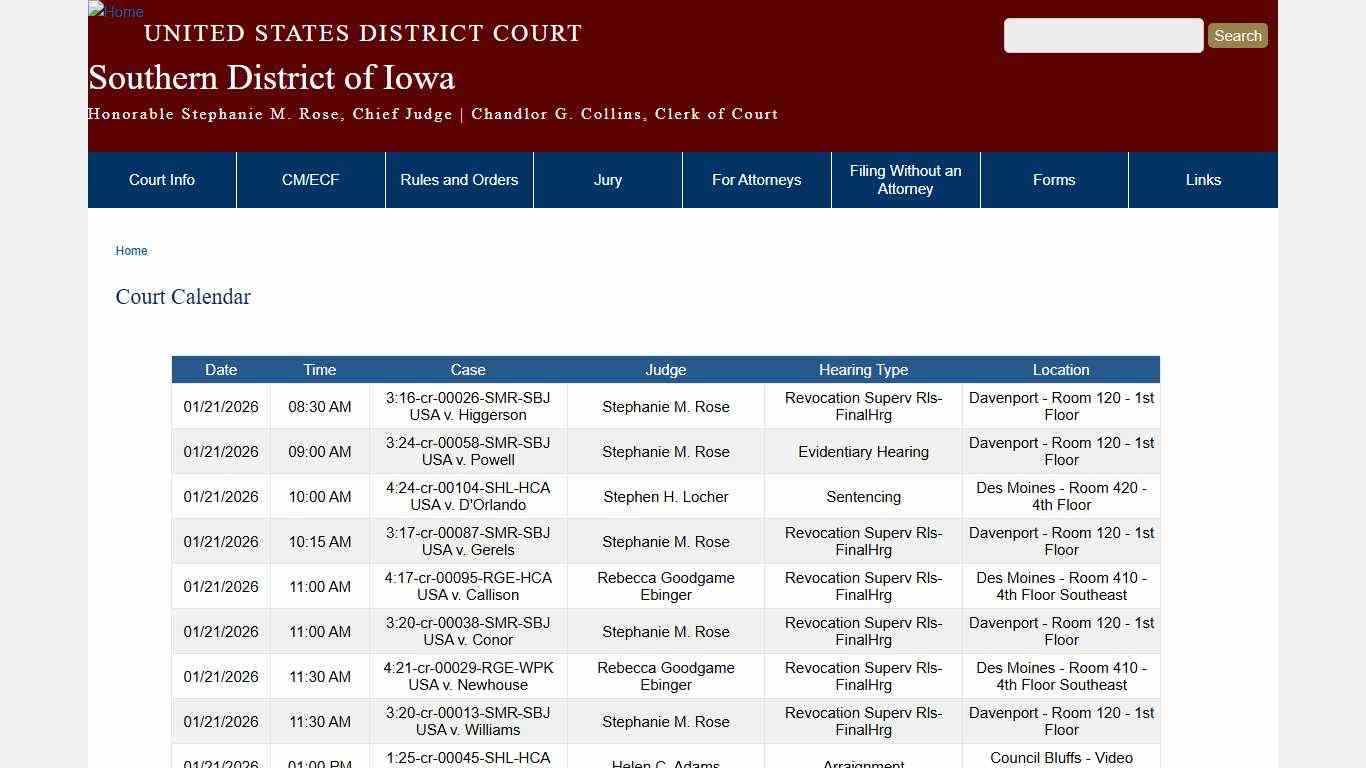 Court Calendar | Southern District of Iowa | United States District Court
