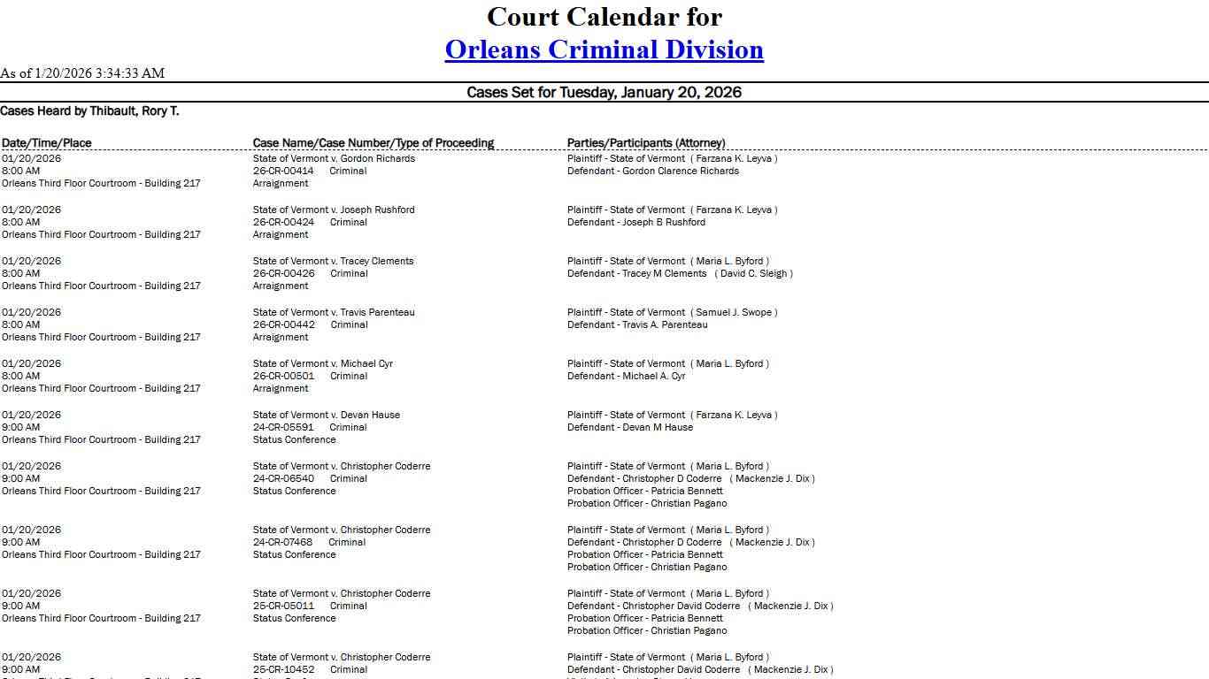 Orleans Criminal Division Calendar